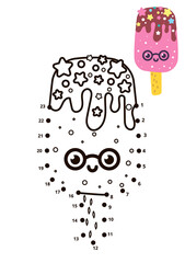 Dot to dot kids game. Sweet silhouette ice cream and color oblect on the white background