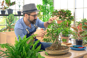 Relax hobbies lifestyle of Caucasian male  wearing apron planting in the room at home.