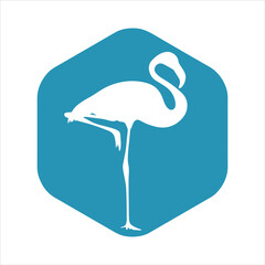 Naklejka premium Flamingo icon. White silhouette of a tropical bird on a blue hexagon background. Vector illustration isolated on a white background for design and web.