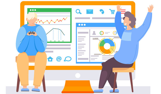 Man happily raises his hands up. Work with statistics indicators and data analysis vector illustration. Guy with gamepad sitting near the monitor with statistical calculations. Office work management