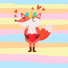 Cute fox with a wreath on his head on a striped background.