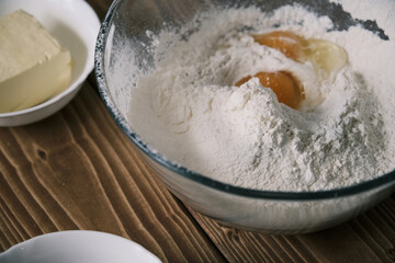 Dough recipe ingredients. Closeup shot