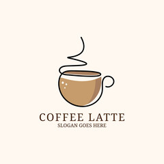 Coffee late logo design template, with single line art outline style illustration