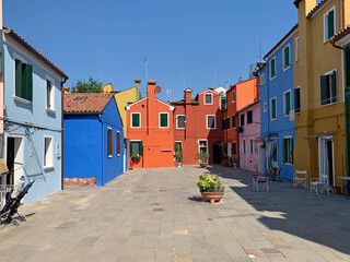 Brightly coloured houses at Burano, island in the Venetian Lagoon, Venice, Italy