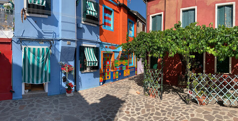 Brightly coloured houses at Burano, island in the Venetian Lagoon, Venice, Italy