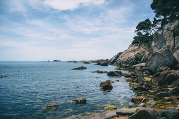 Landscape of a small pebble beach surrounded by rocks with vegetation