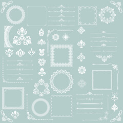 Vintage set of vector horizontal, square and round elements. Different elements for backgrounds, frames. Classic light blue and white patterns. Set of vintage patterns