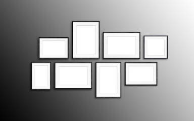 Black empty photo frames set isolated on dark background, eight frameworks mockup