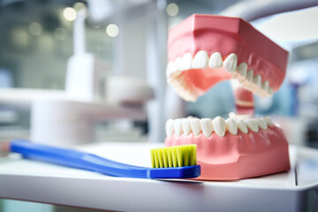 Fototapeta na wymiar Model of a human jaw and toothbrush in a dental office.