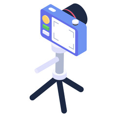 
Camera on a stand, isometric icon of tripod camera

