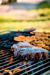 Grilling meat on a barbecue in the garden.