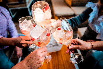 Set of people toasting with a drink.