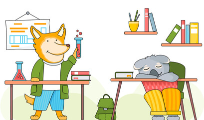Back to school concept. Funny cartoon animal student. A fox schoolboy with test tube in hands in chemistry class. Smart active pupil is making experiments in a chemistry lab. Koala sleeping on a desk