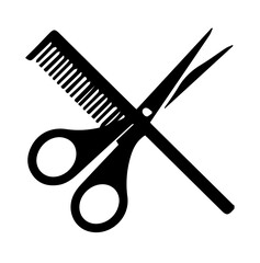 Silhouette of comb and scissors on white background