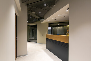 Reception area with reception desk in gym fitness center