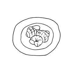 Vector hand drawn escargot on plate top view. French cuisine dish of snails. Design sketch element for menu cafe, bistro, restaurant, label and packaging. Illustration on a white background.