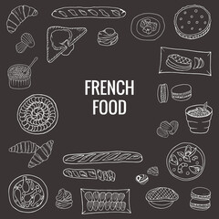 Vector hand drawn of french food. A set with croissant, macaron, profiterole, baguette, bouillabaisse, escargot, quiche, ratatouille. Design sketch for menu cafe, restaurant, label and packaging.