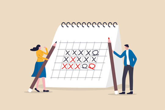 Work schedule calendar, project management timeline or business planning and reminder concept, smart businessman and woman office worker holding big pencils discussing project timeline calendar.