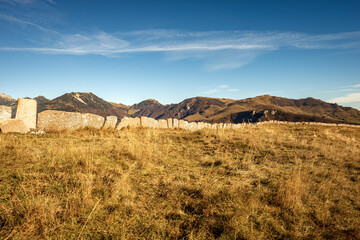 Mountain Range of the Monte Carega, called the small Dolomites, view from the Lessinia Plateau (Altopiano della Lessinia), Verona province, Veneto, Italy, Europe.