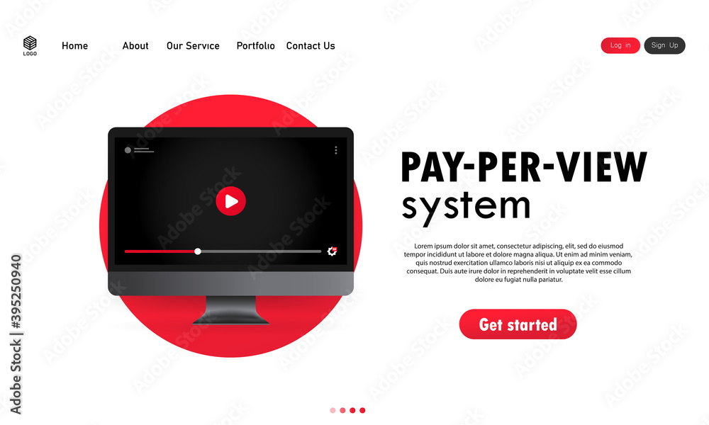 Poster pay per view system. computer with video player on display. vector on isolated white background. eps
