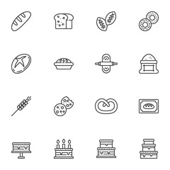 Bakery shop line icons set, outline vector symbol collection, linear style pictogram pack. Signs, logo illustration. Set includes icons as bread loaf, donut, pancake, birthday cake, flour bag, dough