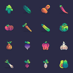 Vegetables filled outline icons set, line vector symbol collection, linear colorful pictogram pack. Signs, logo illustration, Set includes icons as broccoli, cucumber, tomato, carrot, onion, garlic