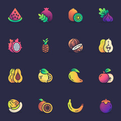 Healthy fruit, filled outline icons set, line vector symbol collection, linear colorful pictogram pack. Signs, logo illustration, Set includes icons as watermelon, pomegranate, banana, dragon fruit