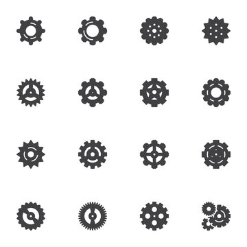 Cogwheels, gear vector icons set, modern solid symbol collection, filled style pictogram pack. Signs, logo illustration. Set includes icons as clock mechanism configuration, setting gear, cog
