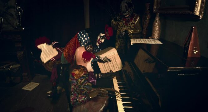 Clowns play the piano. 