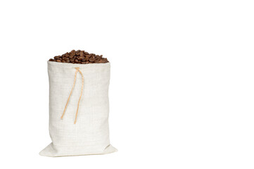 Coffee beans mound in a linen bag with ties isolated on a white background