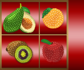 Fruit set with floral elements: avocado, orange, kiwi fruit, apple.