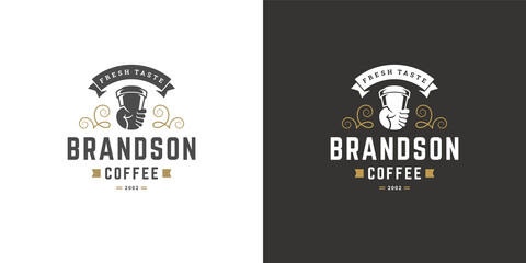 Coffee to go shop logo template vector illustration with cup silhouette good for cafe badge design and menu decoration