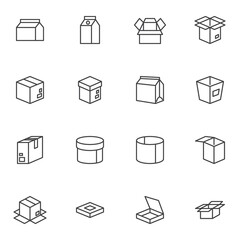 Box and package line icons set, outline vector symbol collection, linear style pictogram pack. Signs, logo illustration. Set includes icons as cardboard box, milk pack, pizza packaging, takeout food