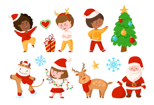 Christmas and New Year kids clipart - cartoon boy and girl, Christmas Tree, gift box, reindeer, Santa Claus, cute cow, snowflake, festive decorations - vector isolated images set
