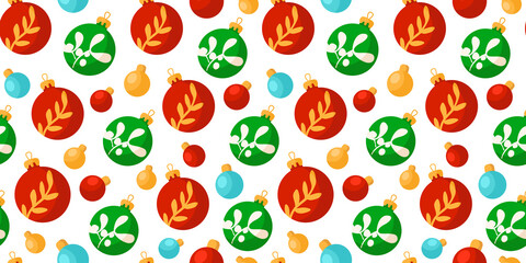 Christmas or New Year seamless pattern or digital paper - decorative festive red, green and yellow balls or bulbs on white background, holiday endless texture for wrapping, textile, scrapbook