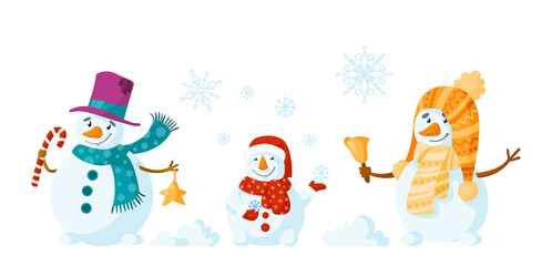 Snowman cartoon set - holidays or Christmas cute snowmen isolated on white background, winter character with scarf, santa hat, mittens, and festive decorations - bell, candy cane, snowflakes vector
