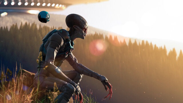 Alien landed on our planet earth in mountains at the sunset contemplating our beautiful nature - concept art - 3D rendering