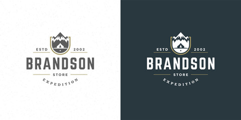 Mountains logo emblem outdoor adventure camping vector illustration mountain and tent silhouettes