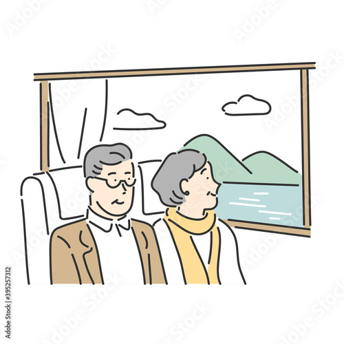 旅の道中で窓から見える景色を眺めるシニア夫婦のイラスト素材 Wall Mural Emma 旅の道中で窓から見える景色を眺めるシニア夫婦のイラスト素材 Wall Mural Emma