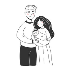Young mother and father with a newborn. Happy couple holds little baby, motherhood, childcare, parenthood, mommy and infant, family and parenting vector concept. Black and white simple art