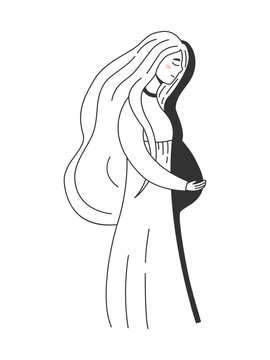 Young Sad Woman Hold Her Imaginary Belly Shadow And Cry. Pregnancy Loss, Abortion, Miscarriage, Infertility Vector Concept. Black And White Simple Art