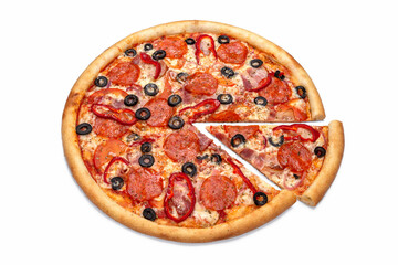 Italian pizza with salami and olives, flyer, poster, pizzeria menu concept. Slice of pizza, copy space, isolated.