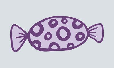 Doodle wrapped candy illustration. Hand drawn dessert isolated on white background. Vector festive icon for candy shop poster. Sweet unhealthy food