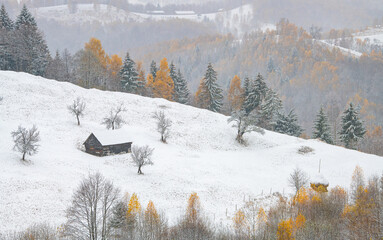 Winter over some beautiful authentic traditional villages in Romania with old houses and some autumn fall coloured trees in Rucar-Bran Pass at the bottom of Piatra-Craiului and Bucegi Mountains