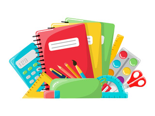 The concept of school supplies. In the style of a cartoon. Isolated on a white background. Stationery.