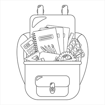 School backpack with writing materials. In the style of a cartoon. Isolated on a white background. Concept of school supplies. Picture for coloring