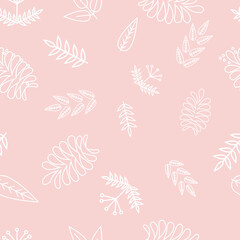 Seamless pattern with stylized twigs and berries on a pink background.