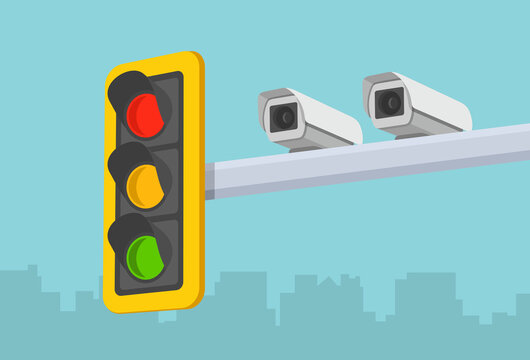 Traffic light and outdoor traffic enforcement cameras. Perspective close-up view. Flat vector illustration template. 