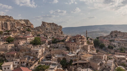 Obraz premium Urgup Town aerial view from Temenni Hill in Cappadocia Region of Turkey timelapse