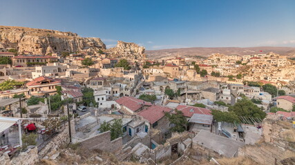 Fototapeta na wymiar Urgup Town aerial view from Temenni Hill in Cappadocia Region of Turkey timelapse